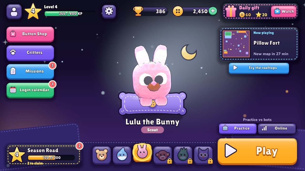 The Critter Royale home screen with Lulu the Bunny picked