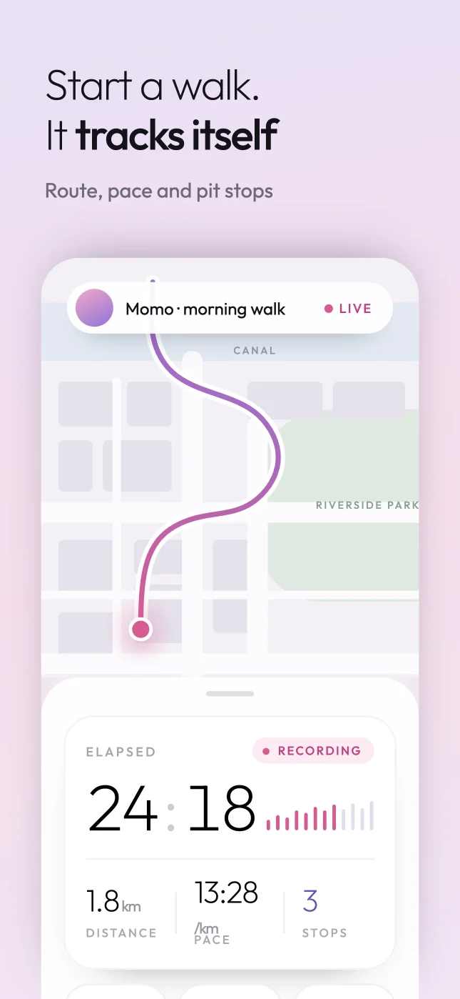 Woogie walk tracking screen with a live route, elapsed time, distance and pace