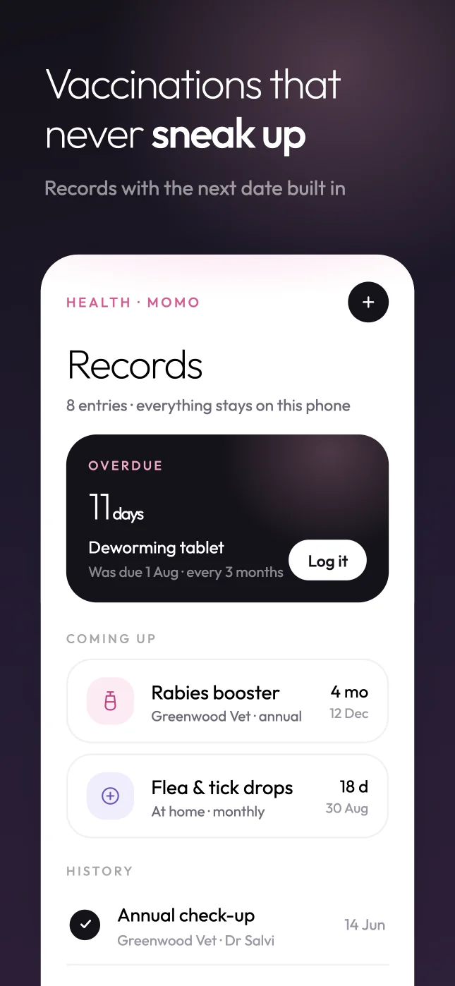 Woogie health records screen with an overdue reminder and upcoming vaccinations