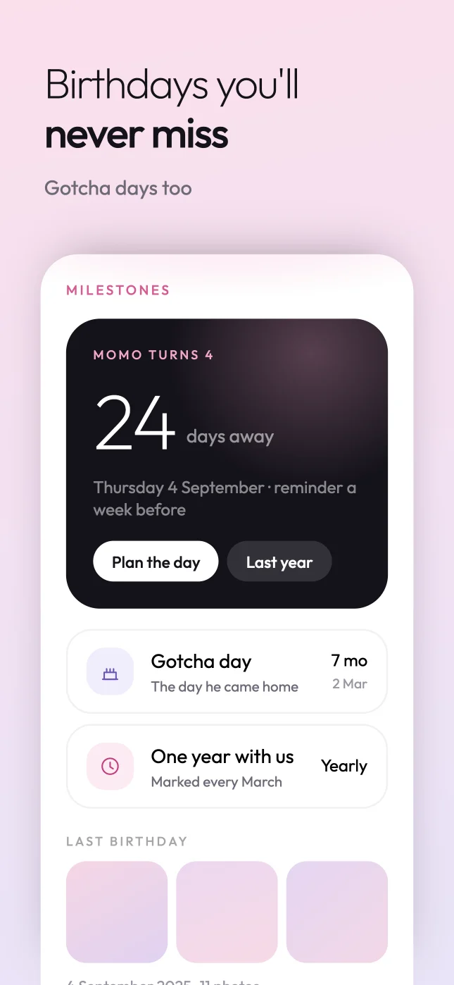 Woogie milestones screen: birthdays and gotcha days you will never miss